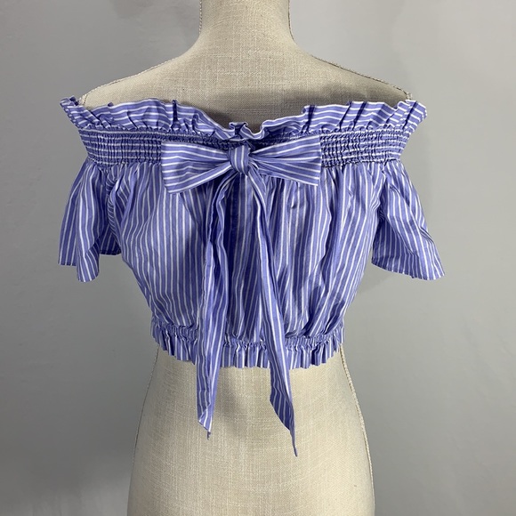 Zara Basics Striped Blue and White Off Shoulder Ruffled Crop Top Size XS - Picture 7 of 10